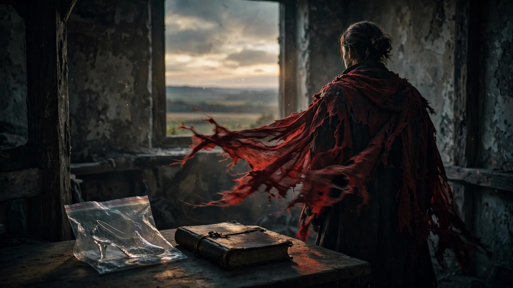 A torn red cloak, seen from behind. A glass slipper kept as evidence. A closed ledger. The horizon has shifted.