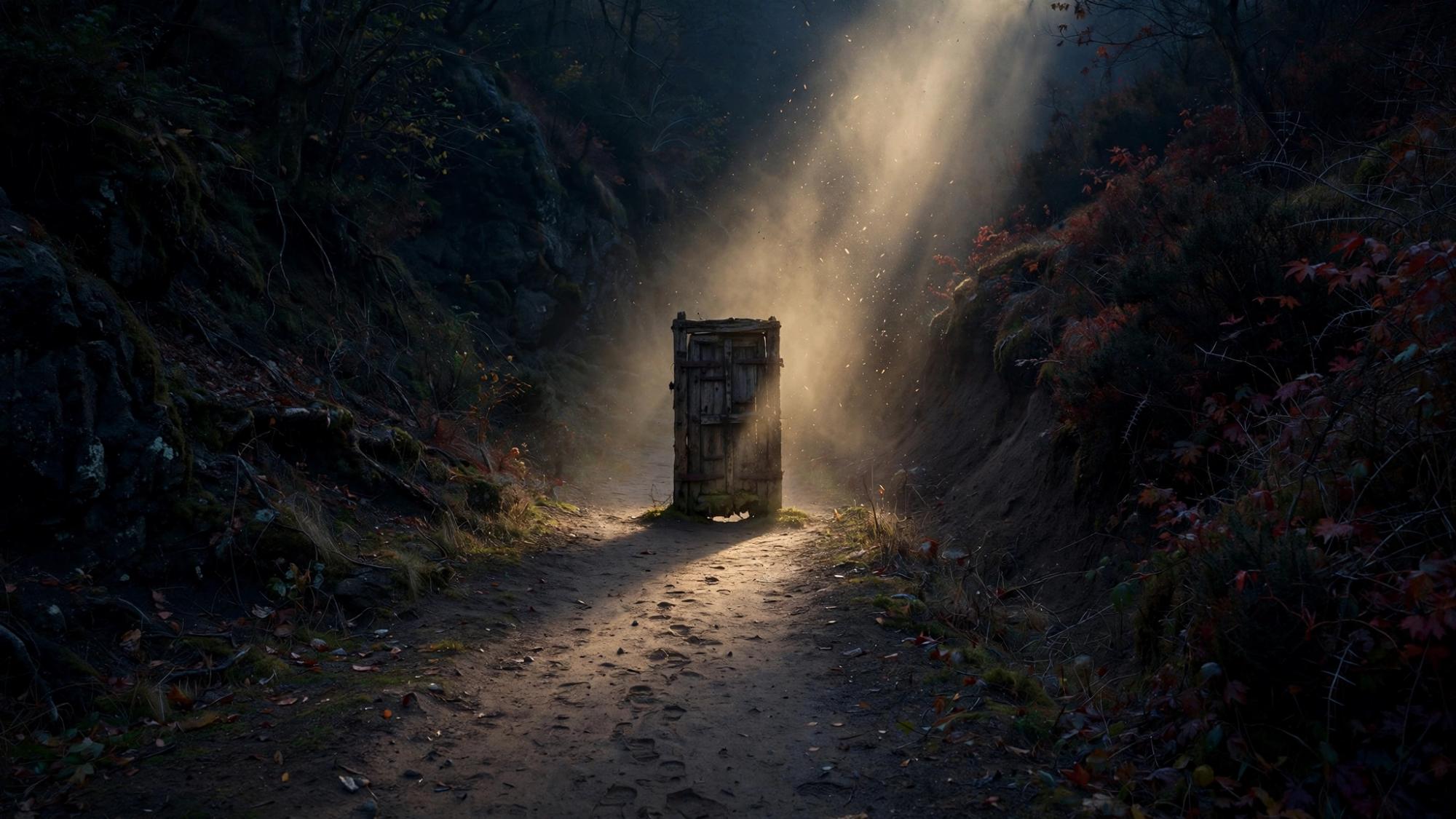 A dusk path and one door standing as the whole choice. No festival.