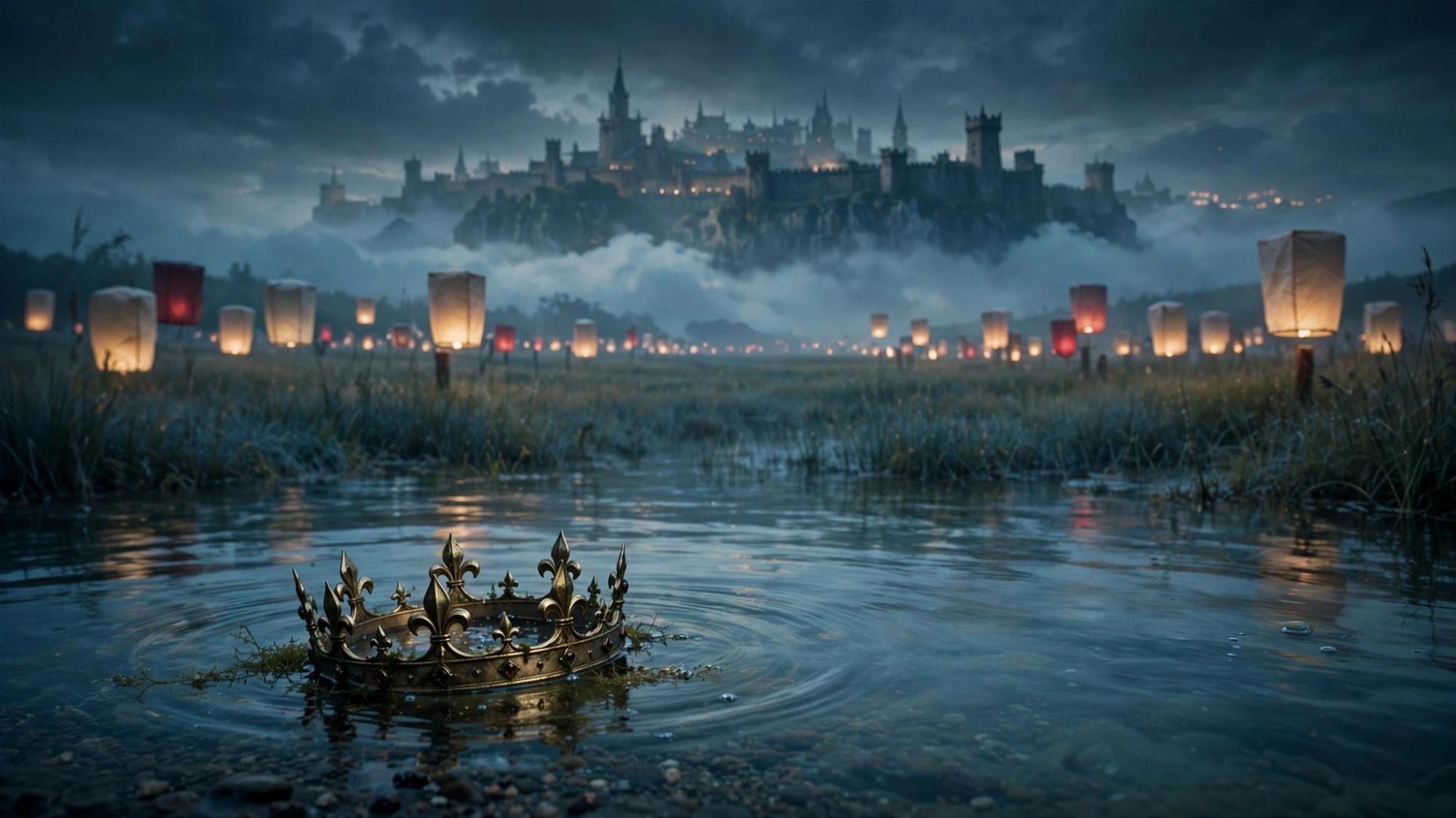 A crown under still water. Paper lanterns along a field. A fortress above the cloud, with no road up.