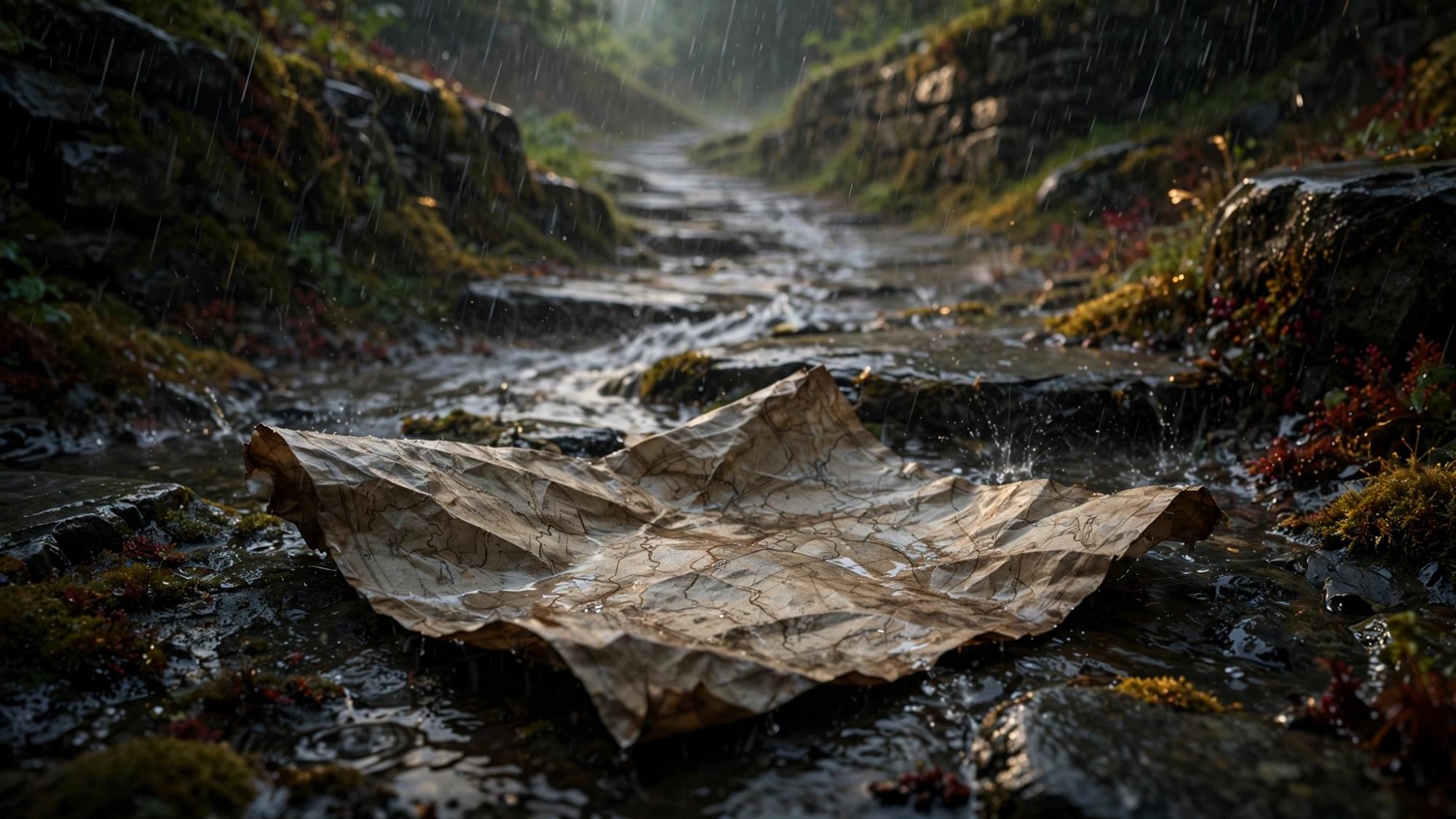 An old map on wet stone, refusing to lie flat. Rain, and a path behind it still in use.