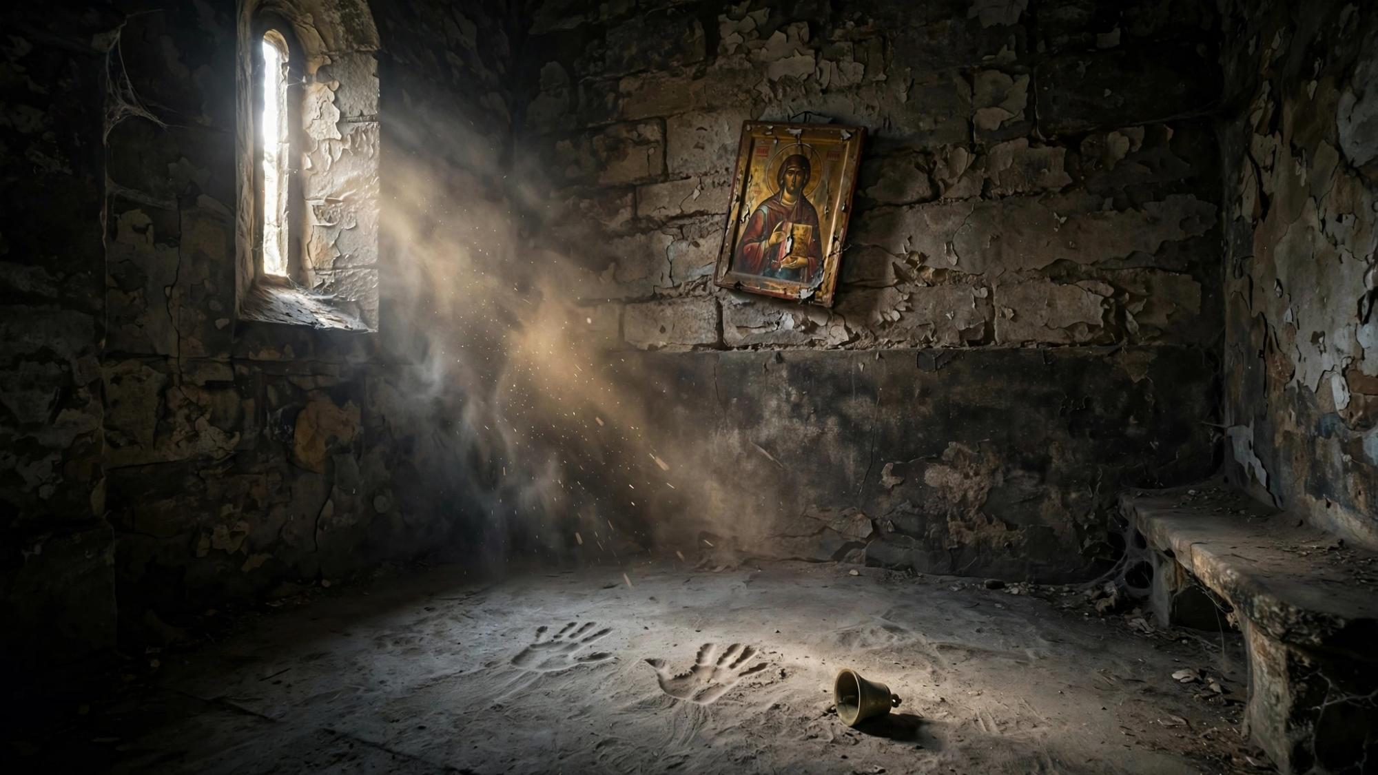 A chapel that kept the prayers and lost the answers. Dust where hands should have been, an icon, and a bell with no tower.