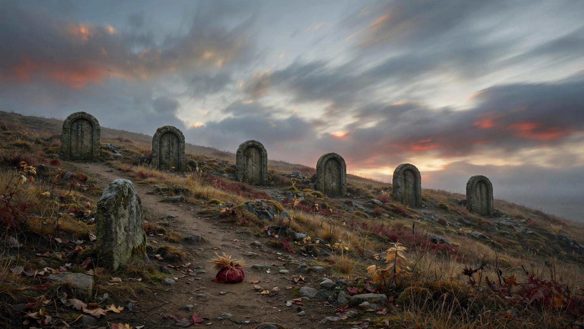 Six stone doors on a hill path, an oath-stone, and a third gift left where it was set down. The sky is moving.
